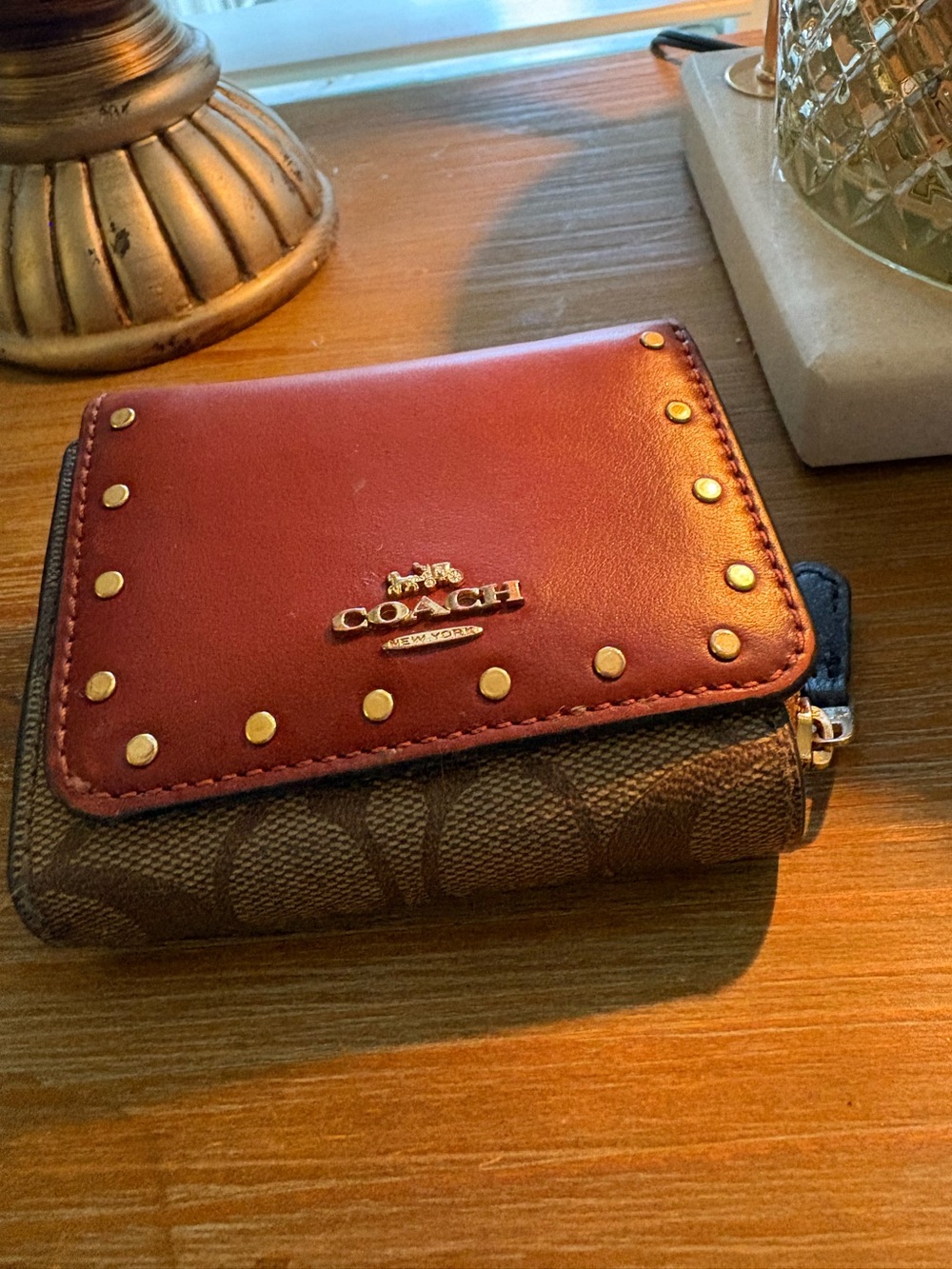 Coach Red Leather Stud-Trim Signature Canvas Compact Wallet